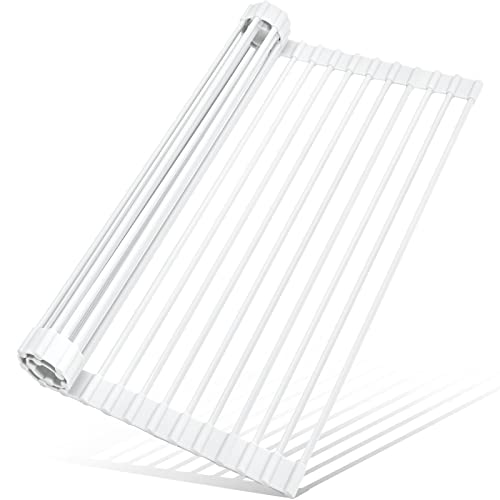 MERRYBOX Roll Up Dish Drying Rack Silicone Wrapped Over The Sink Dish Rack Foldable Dish Drainer Anti-Slip Dish Racks for Kitchen Counter, Multipurpose Kitchen Sink Drying Rack, 20.5" x 13", White