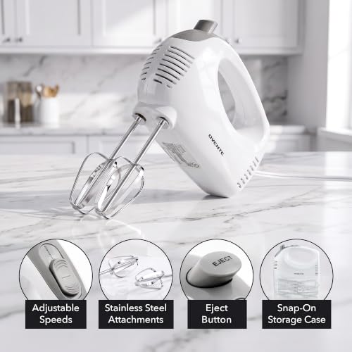 OVENTE 5-Speed Electric Hand Mixer with Storage Case,150W, White HM151W