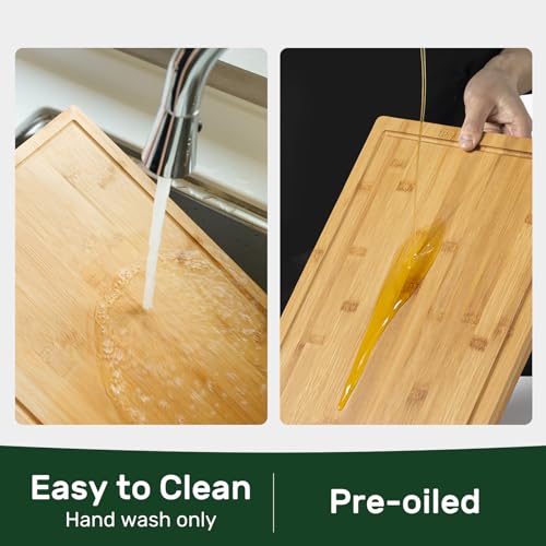 Kikcoin 24”×18” Bamboo Cutting Boards for Kitchen, Wooden Healthy Cutting Boards for Charcuterie, Vegetables, Cheese, Bread, Extra Large Chopping Boards with Deep Juice Groove and Handle, Natural