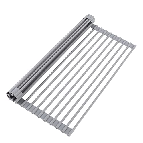Oizeir Roll Up Dish Drying Rack - Silicone Coated Stainless Steel, Over The Sink, Foldable, Heat-Resistant, Anti-Slip, Dish Drainer. (17" x 12.5")