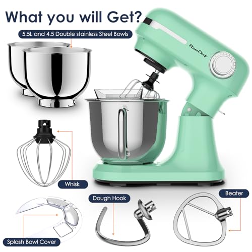 Plum chef 5.5QT Electric Stand Mixer, 12-Speed Tilt-Head Food Mixer, Dough Mixer with Dishwasher Safe Stainless Steel Bowls, Dough Hook, Flat Beater, Whisk, Perfect for 4-6 Family,Green