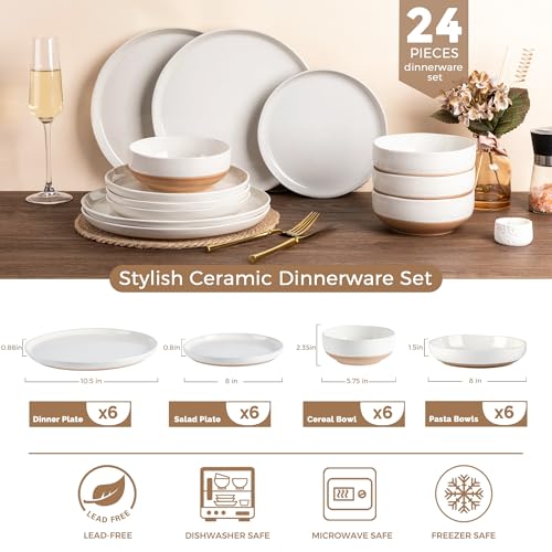 AmorArc Ceramic Dinnerware Sets with Pasta Bowls for 6, Handpainted Plates and Bowls Set with Rustic Terracotta Underside, Scratch Resistant Dishes Set, Dishwasher & Microwave Safe, 24 Pcs