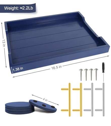 SXNOWS Coffee Table Tray - Large Ottoman Tray for Living Room - Wood Serving Tray with 2 Sets of Handles - Wooden Trays for Coffee Tables, 4 Round Coasters Included, Deep Blue