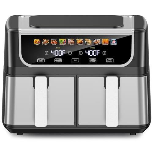 DUMOS 9.5 Quart Dual Basket Air Fryer, 10-in-1 Large Airfryer with Ceramic Crisper Plate, Sync Finish & Match