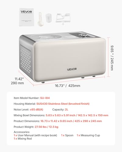 VEVOR Automatic Ice Cream Maker with Built-in Compressor, 2 Quart No Pre-freezing Gelato Maker, Electric Sorbet-Maker, 3 Modes Compressor Ice Cream Machine for Home Kitchen