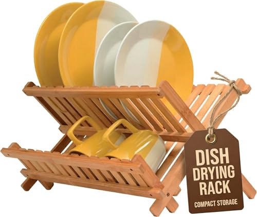 Collapsible Dish Drying Rack 2-Tier Bamboo Dish Drainer for Kitchen Counter