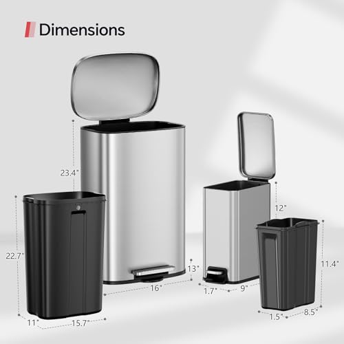 ZABINS 13 Gallon Trash Can (50L) and 1.6 Gallon (6L) Kitchen Trash Can Combo Set, Stainless Steel Garbage Can with Lid and Step-on Pedal, Soft Close Waste Bin with Inner Bucket for Home & Office