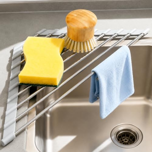 ERIUZB Triangle Roll Up Dish Drying Rack Over Sink, Silicone Wrapped Anti Slip Sink Organizer, Rust Proof Corner Dish Rack, Foldable Heat Resistant Kitchen Sink Organizer for Small Kitchens