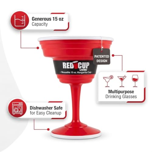 Red Cup Living Reusable Plastic Margarita Glasses with Stem 15 oz – Shatterproof Cocktail Cups, Durable Party Stemware for Pool, Patio & Outdoor,st patricks day accessories & spring break essentials