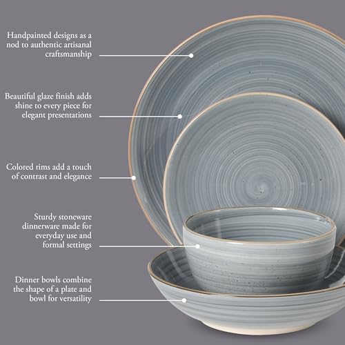 Gibson Home Stonebury 16 Piece Plates and Bowls Blue Dishes - Handpainted Stoneware Dinnerware Set - Service for 4