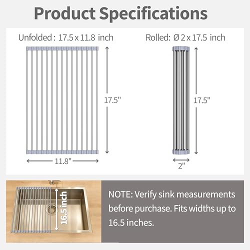 TYZUIAW Roll Up Dish Drying Rack for Over Sink -17.5"x11.8" Foldable Stainless Steel Kitchen Drainer，Gray