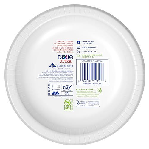 Dixie Ultra, Large Paper Bowls, 20 Oz, 56 Count, Microwave Safe, Compostable, Disposable Bowls Great For Breakfast, Lunch, And Dinner Meals