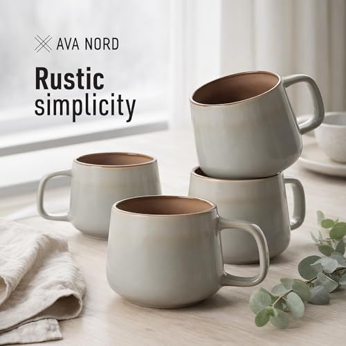 Ava Nord Ceramic Coffee Mugs Set of 4 | 12 oz Stoneware Coffee Cups | Lead-Free, Non-Toxic | Microwave and Dishwasher Safe | Comfortable Handle | Aesthetic Nordic Design for Tea and Latte | Sage Ash