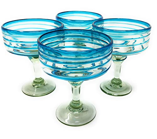Dos Sueños Mexican Hand Blown Glass – Set of 4 Hand Blown Margarita Glasses (16 oz) with Aqua Spiral Design
