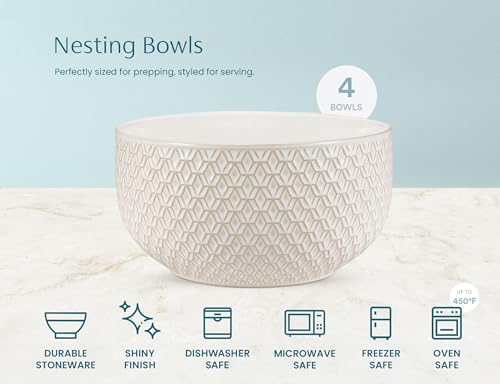 KooK Ceramic Mixing Bowls, Nesting Set of 4, Embossed Kitchen Dishware, Prep, Serving, Gift, Microwave and Dishwasher Safe, 20/44/98/145 oz, Narbonne Collection (Ivory)