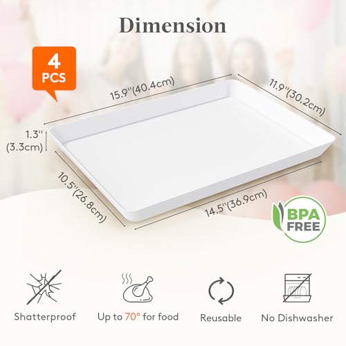 Lifewit 16" x 12" Extra Large Plastic Serving Trays for Party, 4 Pack Reusable White Food Platters for Cookies, Desserts, Fruit, Appetizers & Charcuterie, BPA-Free Catering Trays for Parties & Buffets