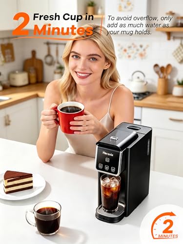 Horavie Hot and Iced Single Serve Coffee Maker, for K-Pod and Grounds, Strong Brew Setting, 6-12 Oz Brew Sizes One Cup Coffee Maker for Home, Travel, RV, Office and Dorm, Black