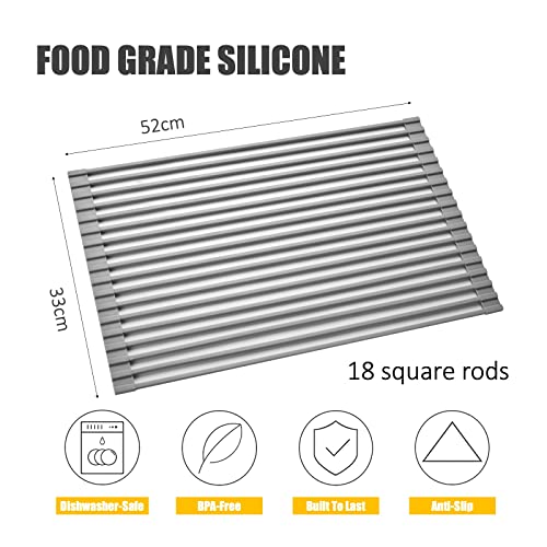 Mistifi Silicone-Coated Stainless Steel Over The Sink Multipurpose Roll-Up Dish Drying Rack, 20.8"X13.2", Heat Resistant Non Slip Dish Draining Rack BPA Free Dishwasher Safe (L, Gray)