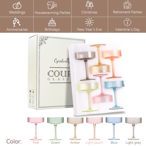 Cyrelwing Pastel Light Colored Coupe Glasses Set of 6 for spring summer|9 oz martini Glasses |Colorful Cocktail Glasses Set,Colored Coupe Glass,Champagne Coupe Glasses for Cocktail,Martini,Champagne