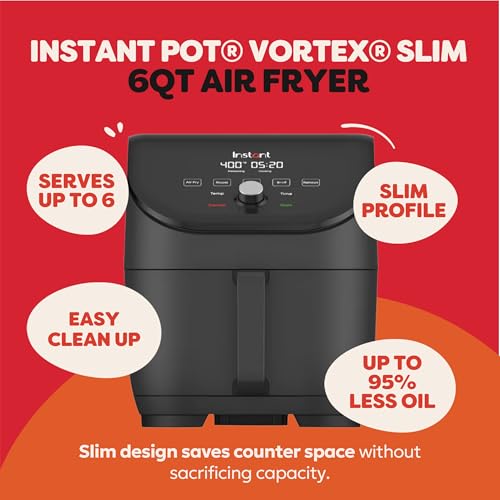 Instant Pot Vortex Slim 6QT Air Fryer that Crisps, Roasts, Reheats, Bakes, Broils & is Quiet, Space Saving, Nonstick, Dishwasher-Safe, 100+ In-App Recipes, from the Makers of Instant Pot, Black