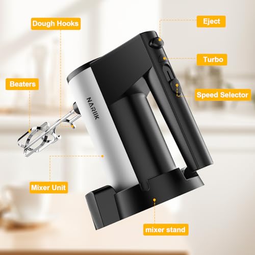 NARIIK Electric Hand Mixer, 660W Kitchen Handheld Mixer 5 Speed Self Control Whisk 304 Stainless Steel One Click Eject Dishwasher Safe Mixer for Cream Cookies Dough（Black）