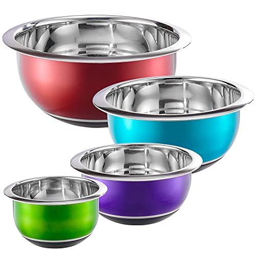 Colleta Home Colorful Mixing Bowl- 4 Pc Set- Stackable Nesting Bowls- Stainless Steel Mixing Bowls Non Slip Silicone Bottom- Cookware Set