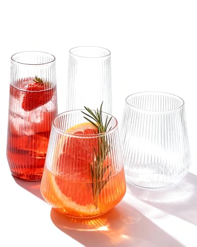 BESTSTAR 48 Pack Disposable Ribbed Origami Ripple Plastic Glasses Set - 24 9 OZ Stemless Champagne Flutes & 24 12OZ Cups, BPA-Free Shatterproof Clear Drinkware for Weddings, Parties & Events (Clear)