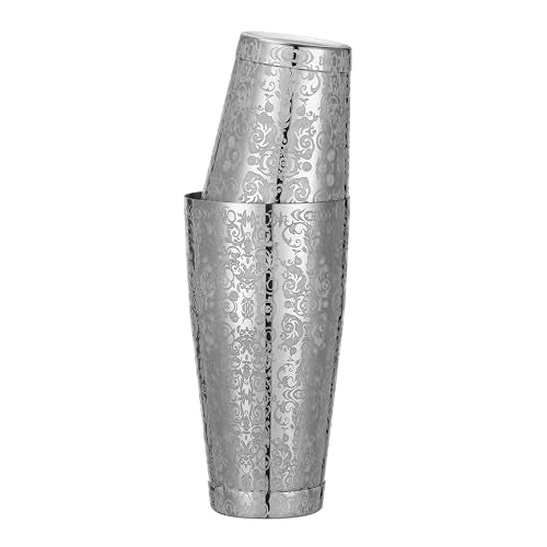 Stainless Steel Boston Shaker with Etched Pattern Weighted Shaking Tin Set (Spirit Silver)