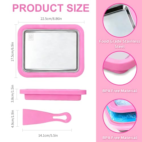 KeyDoors Rolled Ice Cream Maker with 2 Scrapers, Food Grade Stainless Steel Tray for Frozen Yogurt & Slushie, Homemade DIY for Parent-Child Family Activities, Ideal Birthday Gift (Pink)