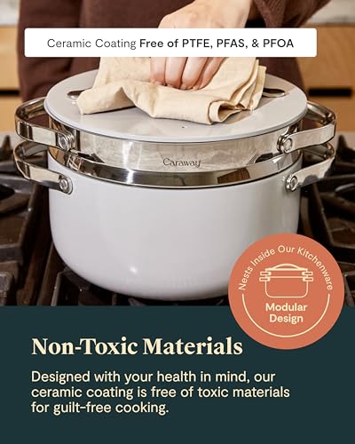 Caraway Nonstick Ceramic Dutch Oven Pot with Lid & Steamer (6.5 qt, 10.5") - Non Toxic, PTFE & PFOA Free - Oven Safe & Compatible with All Stovetops (Gas, Electric & Induction) - Sage