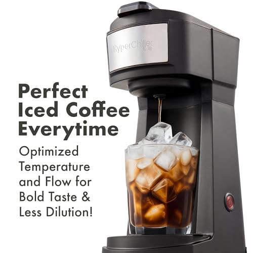 Elite Gourmet HyperChiller EHC210N Iced/Hot Coffee Maker, K-Cup or Coffee Grounds, 8, 10 or 12oz Pours, Removable K-Cup Holder and Reusable Mesh Filter, Drip tray, Black/Stainless-Steel
