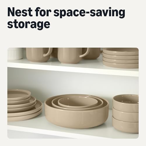 Amazon Basics Glazed Stoneware Serving Bowls, 3-Piece Set, Dishwasher-Safe, Microwave and Freezer-Safe, Nest for Space-Saving, Linen Gray