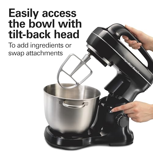 Hamilton Beach Electric Stand Mixer, 4 Quarts, Dough Hook, Flat Beater Attachments, Splash Guard 7 Speeds with Whisk, Easy-Carry Top Handle, Black