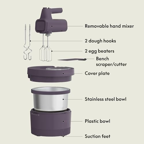 bella 3.5 Qt Hand & Stand Mixer, 2 in 1 Electric Mixer with Bowl, Dough Hook, Whisk & Egg Beater, Multifunctional Handheld Mixer for Baking, 200 Watt, Plum