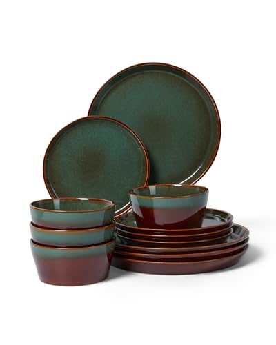 Pokini Plates and Bowls Sets for 4, Ceramic Dinnerware Sets, Kitchen Dish Set, Microwave & Dishwasher Safe Dishware, Highly Durable Hand Glazed Dinner Set, Brown Green