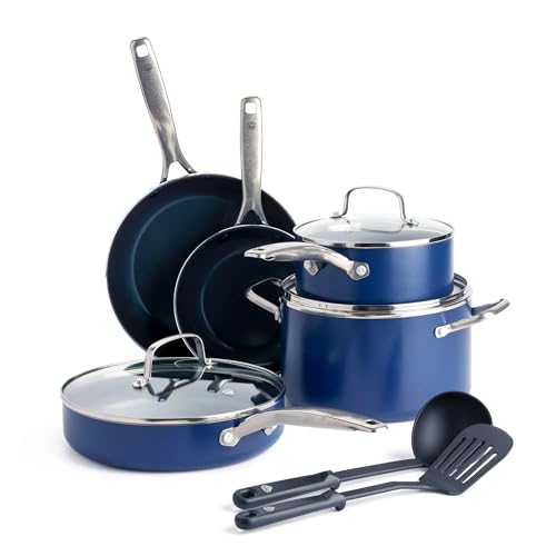 Blue Diamond 10 Piece Nonstick Cookware Set, Diamond Ceramic Pots & Pans, Dishwasher & Metal Utensil