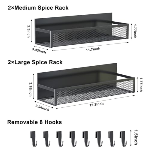Aufworld Magnetic Spice Rack for Refrigerator, 4 Pack Magnetic Shelf, Fridge Magnet Organizer with Moveable 8 Hooks, Magnetic Fridge Shelf for Kitchen Organization and Storage (4 Pack)