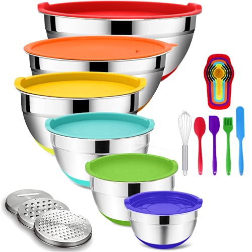 Rottay Mixing Bowls with Airtight Lids, 20PCS Stainless Steel Mixing Bowl Set, Nesting Bowls with 3 Grater Attachments & Non-Slip Bottoms, Size7, 4, 3, 2, 1.5, 1QT Bowls for Baking&Prepping