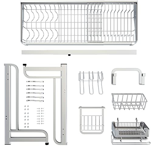 LIVOD Over The Sink Dish Drainer Drying Rack, 2 Tier Full Stainless Steel Storage Adjustable Length Kitchen Rack, Multifunctional Expandable Counter Organizer, Space Saver Dish Rack