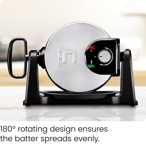 Chefman Rotating Belgian Waffle Maker, 180° Flip Iron w/ Non-Stick Plates, Adjustable Timer, Locking Lid, & Drip Plate, Space Saving Storage, Mess-Free Breakfast, Stainless Steel/Black