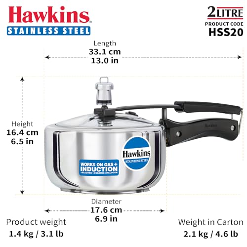 Hawkins Pressure Cooker, Stainless Steel Inner Lid Cooker, Induction Cooker, Small Cooker, Silver HSS20 2 Litre