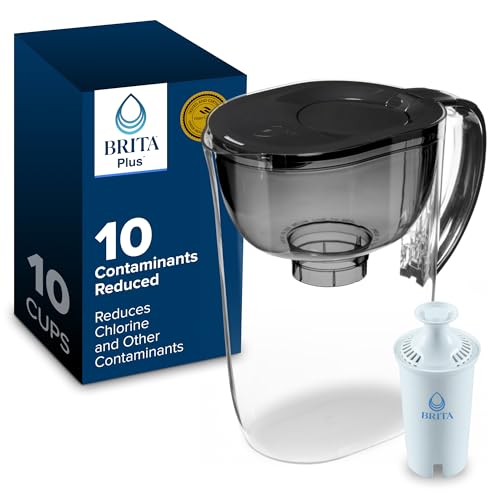 Brita Large 10-Cup Water Filter Pitcher with BritaPlus Filter, WQA NSF/ANSI Certified, Reduces 2X Contaminants vs. Standard, Removes Chlorine Taste & Odor, Reduces Zinc Copper Mercury & More, Black