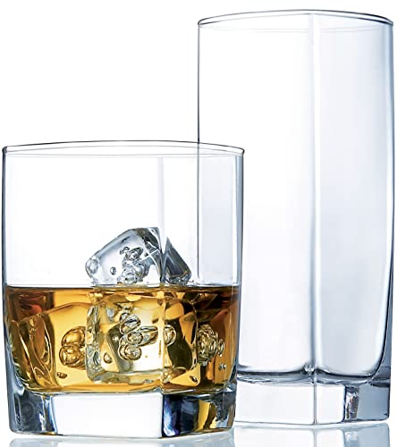 Le'raze Collins Everyday Drinking Glasses Set of 16 Drinkware Kitchen Glasses for Cocktail, Iced Coffee, Beer, Ice Tea, Wine, Whiskey, Water, 8 Tall Highball Glass Cups & 8 Short Old Fashioned.