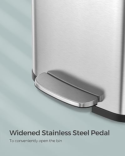 SONGMICS Kitchen Trash Can, 13 Gallon (50 L) Stainless Steel Garbage Can, with Stay-Open Lid and Step-on Pedal, Soft Closure, Tall, Large and Space-Saving, Silver and Black ULTB530E50