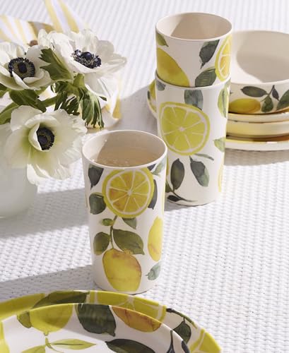 Oneida Drinkware, 24 Seven Melamine Lemon Tumblers, Set of 4, Lemons Pattern, 16-Fl Oz, Dishwasher Safe, Melamine Plastic Cups, Drinking Glasses, Bridal Shower Gifts, Tumbler Cup Set (Yellow, 4 Piece)