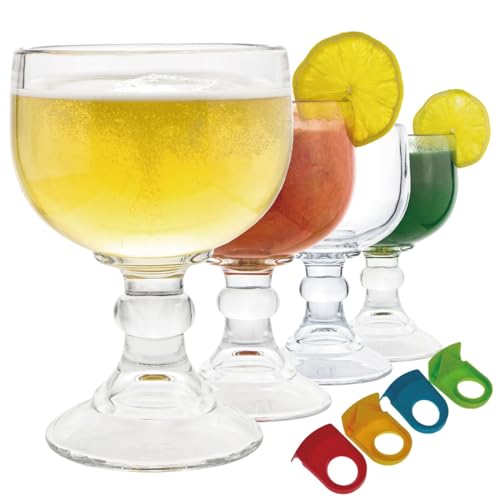 Chefcaptain Margarita Glass Schooner- 21.5 Oz Set of 4 Extra Large Goblet With Clips ZERO LEAD Crystal Style Shrimp Cocktail, Coronaritas, Margaritas Set Of 4 With 4 Color Clips