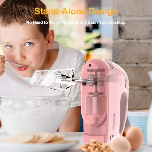 LILPARTNER Electric Hand Mixer with Storage Box, Ultra Power Kitchen Hand Mixer With 7-Speed & 5 Stainless Steel Accessories for Whipping Dough, Cream, Cake, Dishwasher Safe, PINK BOX