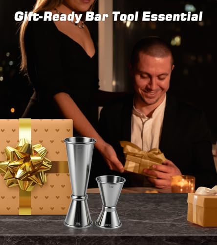 2-Pack Stainless Steel Cocktail Jiggers – Japanese Style Double Measuring Cups for Bartending (1oz/2oz + 0.5oz/1oz)