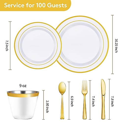 Goodluck 600 Pieces Gold Disposable Plates for 100 Guests, Plastic Plates for Party, Dinnerware Set of 100 Dinner and 100 Dessert Plates, 100 Spoons, 100 Forks, 100 Knives, 100 Cups