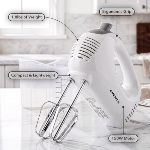 OVENTE 5-Speed Electric Hand Mixer with Storage Case,150W, White HM151W
